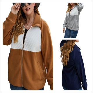 XL-4XL Women Big Size Outerwear Casual Polo V Neck Long Sleeve Front Zipper Pull Down Plus Size Coat 2414