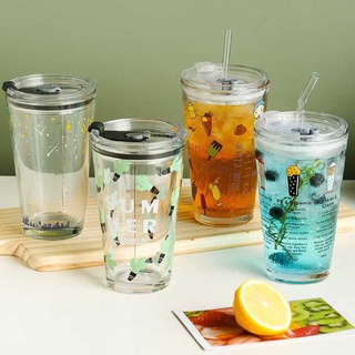 《FREE STRAW》Quality Glass Mug Cup Tumbler Bottle Sealed leak-proof Glass Straw Cup With Lid