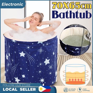Folding Bathtub Portable Adult Bathtub Folding Bathtub with Cotton Bathing Barrel Starry Blue 65*70 (2)
