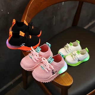 Kids good quality breathable slip-on knitting LED sneaker