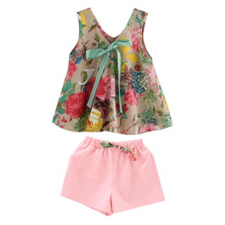 Girls Flower Printed Sleeveless Baby Vest Tops + Shorts Sets
