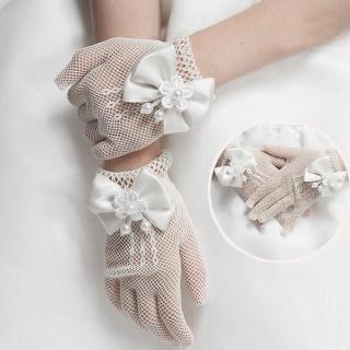 1 Pair Girls Kids White Lace Faux Pearl Fishnet Gloves R2F0