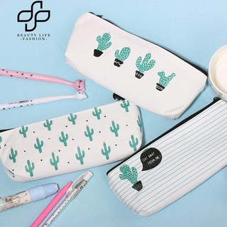 【COD】new School Supply Stationery Pencil Case Canvas Green Cactus Print Cosmetic Bag