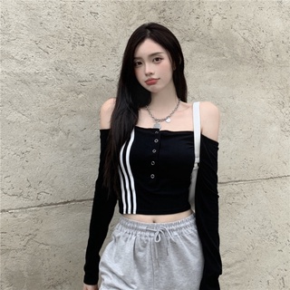 YESWOMEN Off-Neck Striped Casual Long Sleeve Sweater Female Slim Top Short Version Midriff-Baring To