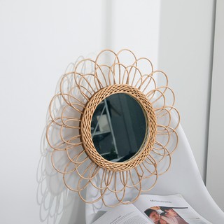 Interior Rattan Dressing Clear Round Wall Hanging Compact Home Mirror Art Deco