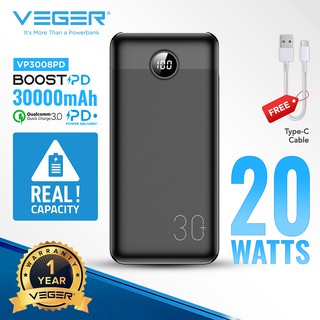 VEGER BoostPD VP3008PD 30000mAh 20W Powerbank Triple USB Output Ports 2.4A and Type C In and Out