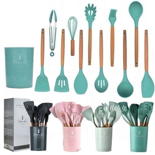 12PCS 5 Color Wooden Handle Silicone Kitchenware -- Healthy Cookware Easy To Clean and High Temperature Resistance Spatula Soup Spoon Brush Ladle Pasta Colander Non-stick Cookware Kitchen Tools (1)