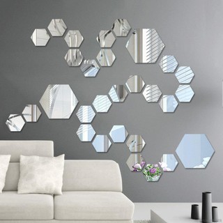 wall sticker۩▲✷12PCS Acrylic Mirror Wall Stickers Self Adhesive Removable Hexagon Decorative Mirror