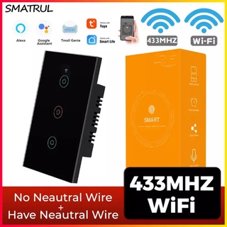 SAMTRUL Tuya Wifi Smart Touch Switch Light No Neutral Wire 110V 220V US 2/3 Gang 433RF Remote On