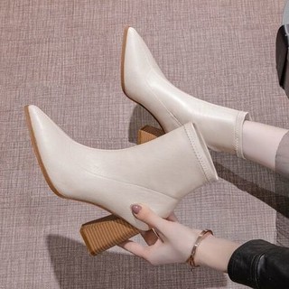 White short boots women's thick heel spring and autumn single boots 2020 winter new pointed high heels nude boots with M (1)