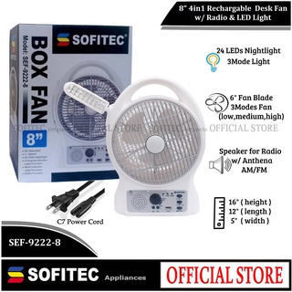 Sofitec 4in1 Rechargeable Desk Fan FM Radio Led Light Portable Fan SEF-9222-8 Box Fan Electric Fan
