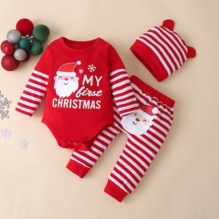 My First Christmas Newborn Baby Boy Christmas Outfit Santa Claus Romper+Kids Pant+Newborn Beanie