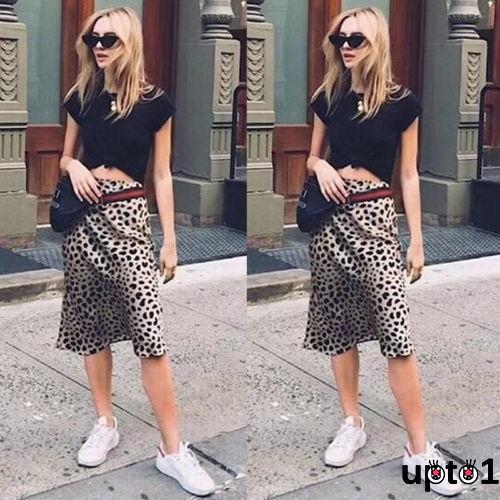 P.U-Women Boho Leopard Long Maxi Slim Skirt Irregular