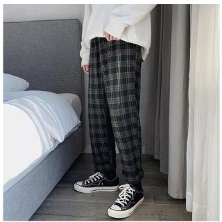 Men Korean Green Plaid Casual Pants 2020 Mens Streetwear Harem Pants Male Checkered Trousers