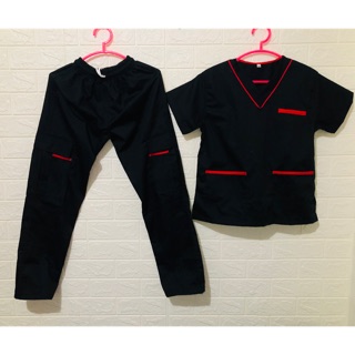 [S&J SHOP] Scrub suits for everyone ON HAND✨ Black and Red Piping Scrub Suits with Cargo Pants