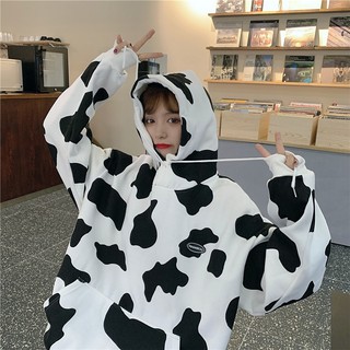 Cow Pattern Print Long-Sleeved Hat T Korean Hooded Drawstring Long Sleeve Sweater