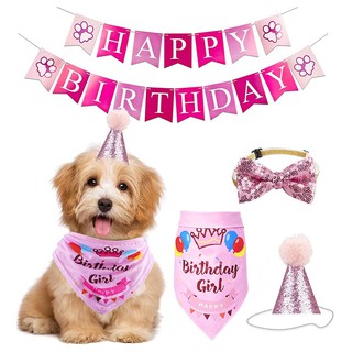 【BEST SELLER】 Pet Theme Party Needs Triangle Towel+Hat+Collar Dog Paw Happy Birthday Banner Flag Par