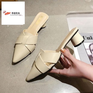 ☸❁✆Free shipping is of good quality✷【Young】2021 middle heel Half slipper women's Korean fashion versatile thick heel pointed shoes 049