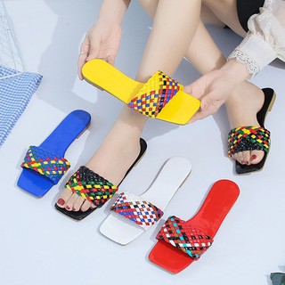 Korean Style Women's Flat Slide Colored Strap Square Toe Sandals 330