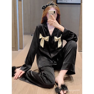 2021New Year Pajamas Women's Spring and Autumn Ice Silk Sexy Bow Long Sleeve Pants Can Be Outerwear