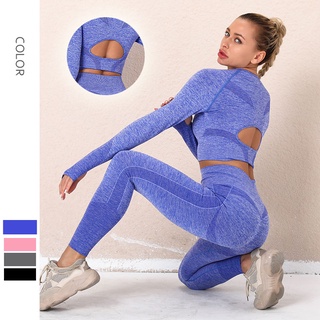 2PCS Seamless Women's Sportswear Suit Yoga Set Gym Workout Clothes Long Sleeve Crop Top