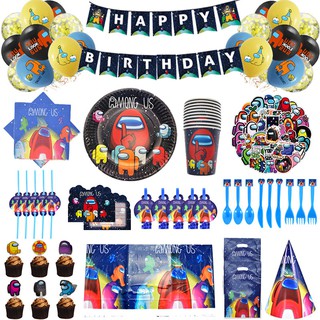 Among Us game theme party needs happy birthday banner paper cup loot bags birthday decor AmongUs party decorations