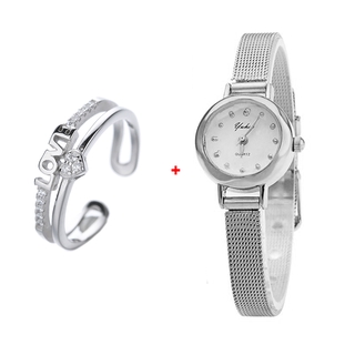 Lucky Silver Italy 92.5 Silver Ring and White Gold Plated Ladies Watch R337+W009