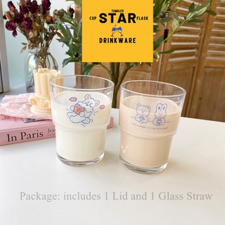 Glass Cup with Straw Tumbler with Lid Coffee Mug Milk Juice Cup Clear Cute Bunny Bear (3)