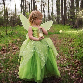 High-end 2-12Y Children Girl Tinker Bell Fairy Cosplay Cartoon Costume Princess Dress 4-layer Green Mesh Dresses Costume Kids Fancy Theme Birthday Party Gift Dress Photo Props Halloween Carnival Costumes 2021-Purchasing