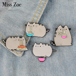 Noodles Cat Enamel Pin Custom Food And Animal Brooches Bag Lapel Pin Cartoon Kawaii Kitten Badge Jewelry for Kids Friends