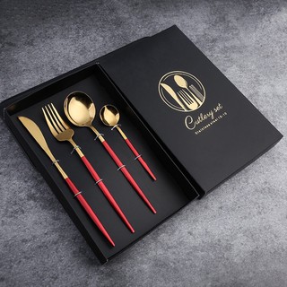 4PCS /set of stainless steel red, green and gold cutlery knife, fork, spoon, dessert spoon