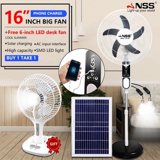 NSS solar electric fan with solar panel and LED light, can charge mobile phone, with two bulbs