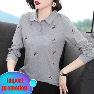 ◐✙Pure cotton long-sleeved t-shirt women s lace top middle-aged mother autumn new style embroidered
