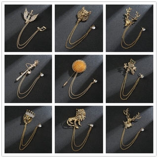 Korean Animal Lion Head Brooch Crystal Tassel Chain Lapel Pins Suit Collar Crown Badge Brooches for Women and Men Accessories