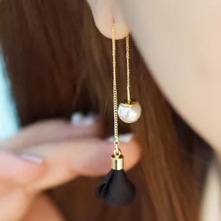 【A&j】double sided Dangling pearl flowers tassel earring jewellery gold