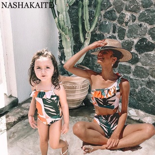 NASHAKAITE Mommy and me Swimsuit One Shoulder Cut Out Swimsuit Mother and Daughter Leaf Print Family