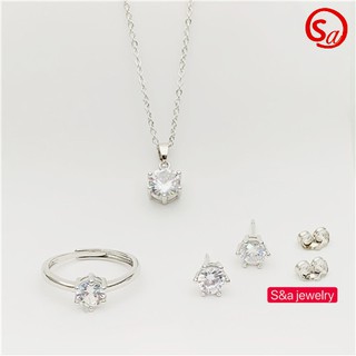 925 Silver 3in1 Pendant Necklace Stud Earrings Adjustable Ring set for women set-117 (2)