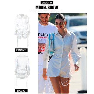 Kendall Jenner Inspired Shirt Dress Drawstring White Silk Long Sleeves Casual Outwear (9)
