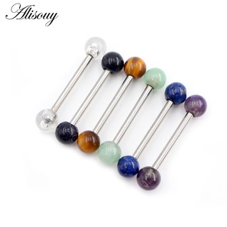 Alisouy 1pc 14G New Natural Stones Ball Stainless Steel Tongue Barbell Piercing Thread Unisex Labret Lip Rings Bar Body Jewelry