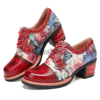 SOCOFY Elegant Flowers Pattern Genuine Leather Retro Round Toe Lace-up Heels Shoes