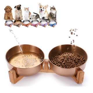 Pet bowl stainless steel cat and dog bowl with wooden stand pet food water bowl cat and dog food feeder puppy pet feeding bowl