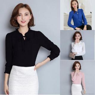 Office Lady Stand Collar Elegant Chiffon Bow Blouses Tops (1)