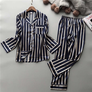 Fashion Women Vertical Stripe Rayon Pajama Set Loose Leisure Spring Pajamas