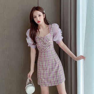 Cheongsam elegant plaid dress new retro square collar puff sleeve temperament dress women (3)