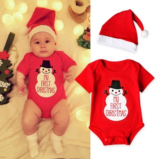 Newborn Baby Kids Girls Boys Merry Christmas Bodysuit+Hat Santa Claus and snowflakes Jumpsuit Outfit Set