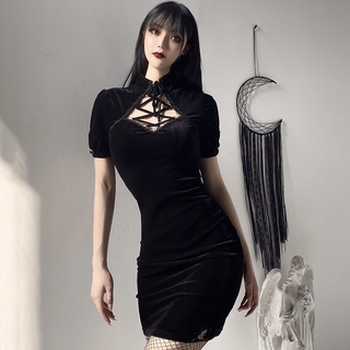 92514p retro dark sexy modified cheongsam dress Female Gothic Lace Up suede high waist Slim small black skirt