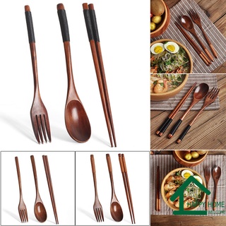 3-Piece Set Korean Wooden Portable Tableware Fork Spoon Chopsticks For Outdoor Camping Picnic