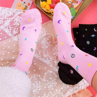(100% COTTON) 1Pair Moon Stars Socks Planet Point Yarn Funny Socks Japanese Creative Women Warm Cute Novelty Sock (4)