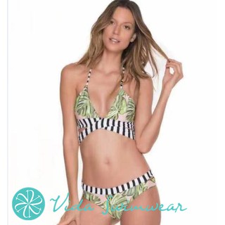 Leaf Bikini Stripes Swimwear Green Two Piece Swimsuit