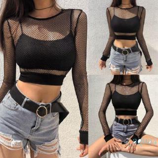 ❄❅❆Women Long Sleeve Sheer Mesh Top Black Fishnet Clubwear